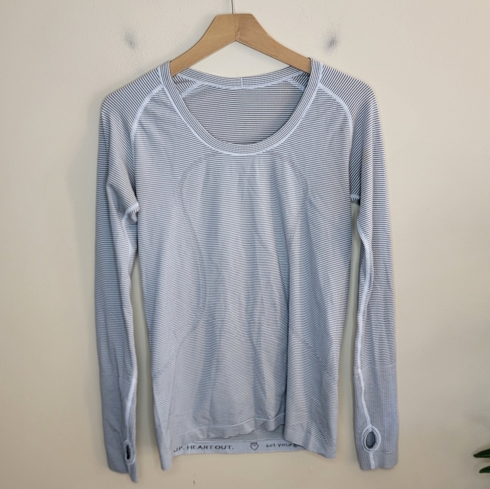 Lululemon Swiftly Tech Black & White Stripe Long Sleeve Crew Top Thumbholes